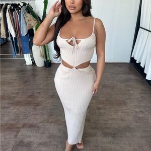 Beige side cutout slit maxi dress